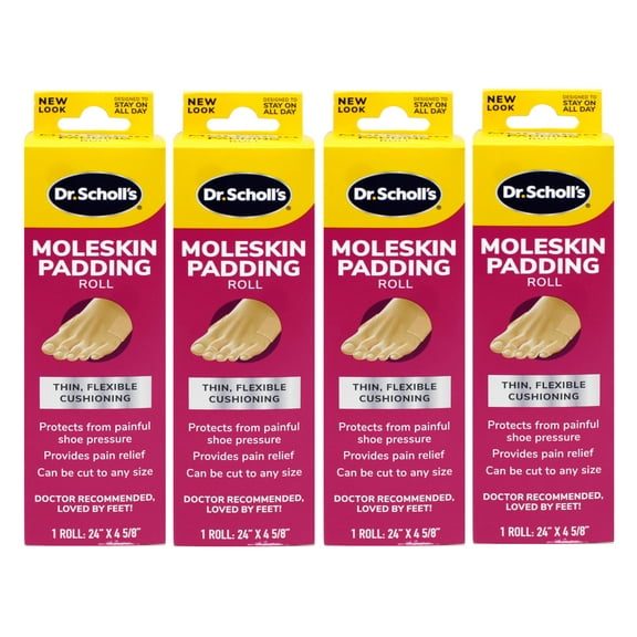 4 Pack - Dr. Scholl's Moleskin Padding ROLL, 1 roll // Thin, Flexible Cushioning & Pain Relief - Cut to Any Size - 24 Inches X 4 5/8 Inches