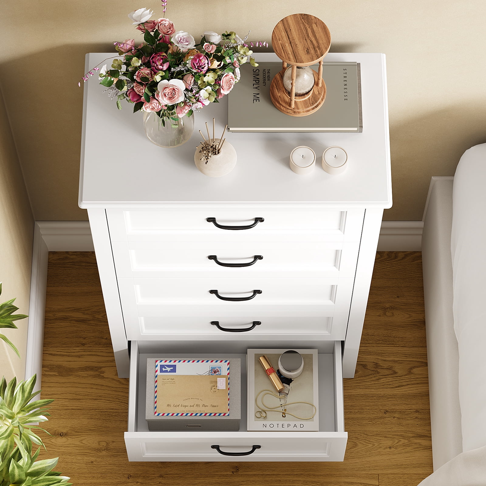 Modern 5-Drawer Dresser with Sleek Metal Handles, Versatile Storage Cabinet for Bedroom, Living Room or Office, White