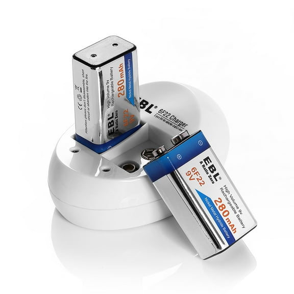 EBL 2 Pack 9V Max Rechargeable Batteries 280mAh Lithium-Ion Battery Charger