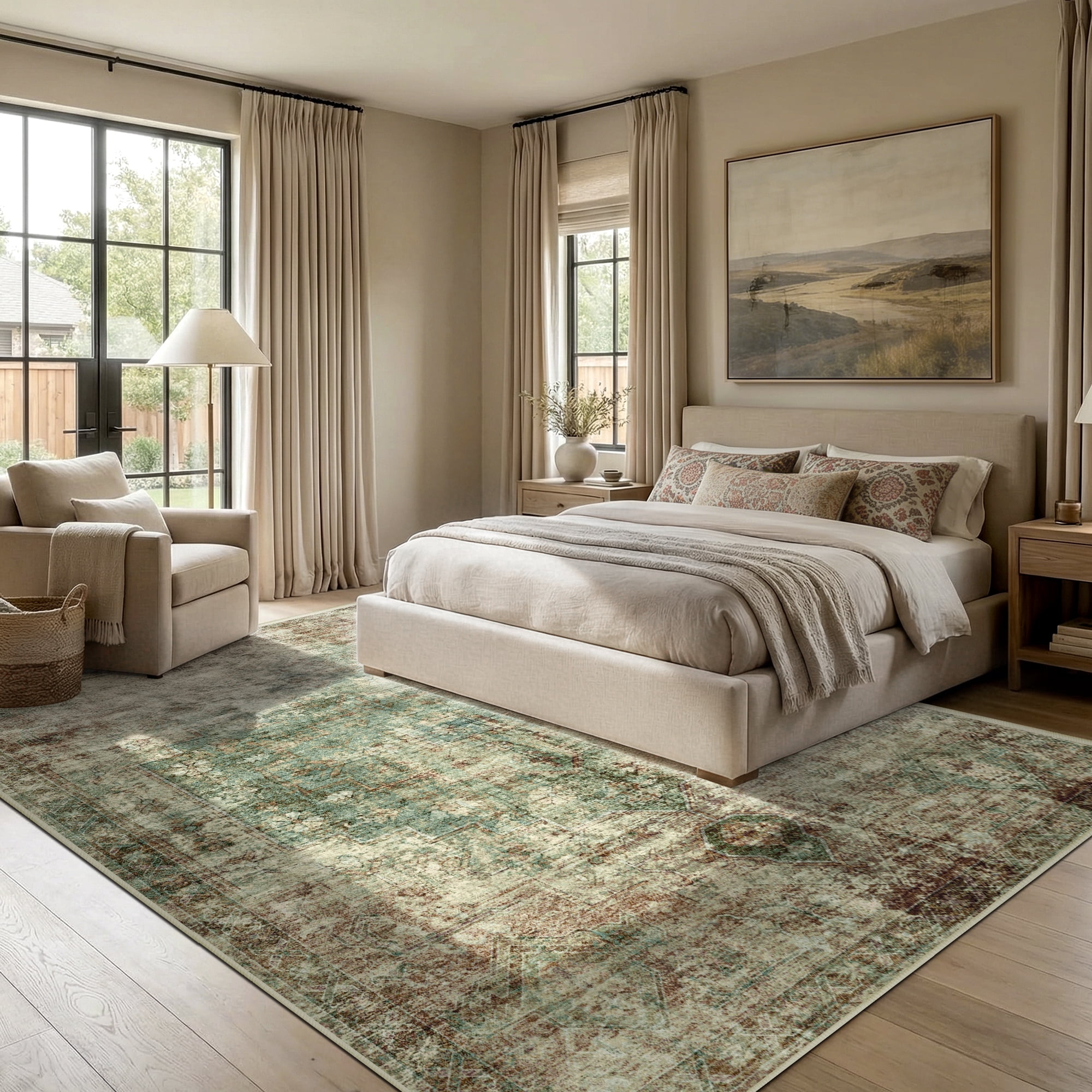 ATHOPE 5x7 Area Rug, Vintage Boho Medallion Rugs Non-Slip Soft Low Pile Washable Rug Large Distressed Rug Indoor Retro Carpet for Living Room Bedroom Dining Room Home Office, Green Brown