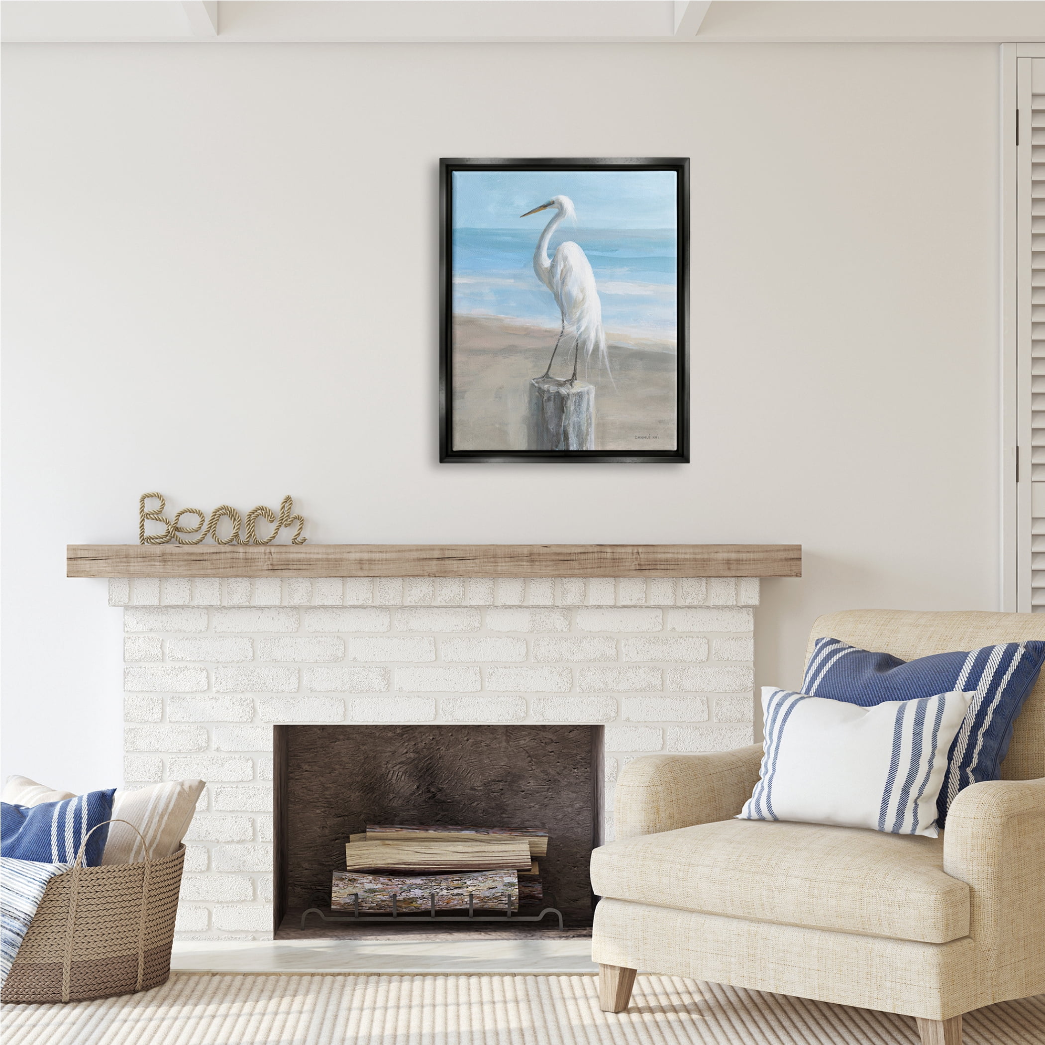 Stupell Industries Egret Coastal Landscape Animals & Insects Painting Black Floater Framed Art Print Wall Art, 25 x 31