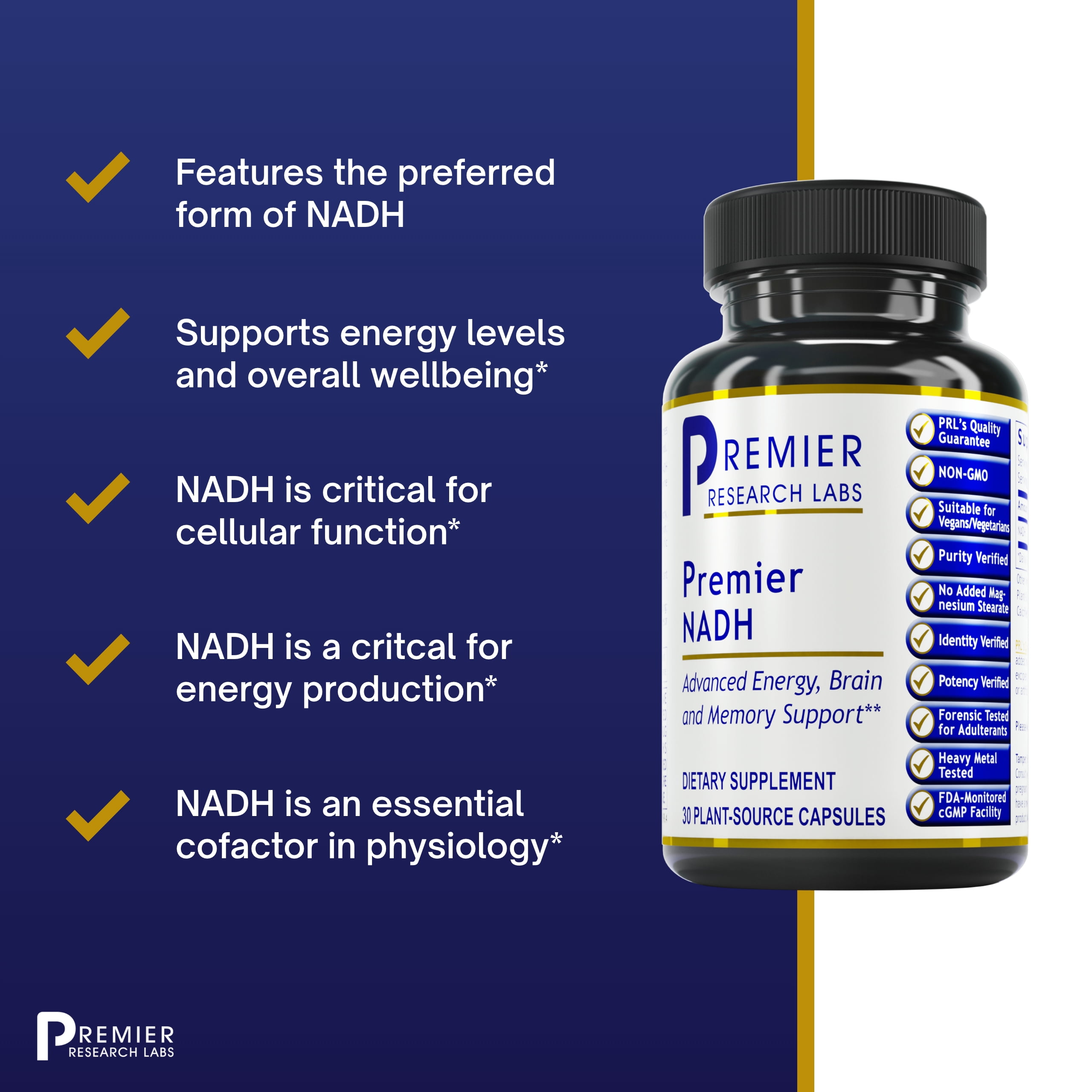 Premier Research Labs NADH - Supports Alertness, Energy & Athletic Performance - Memory Support Dietary Supplements - For Brain Health - Pure Vegan - 30 Plant-Source Capsules