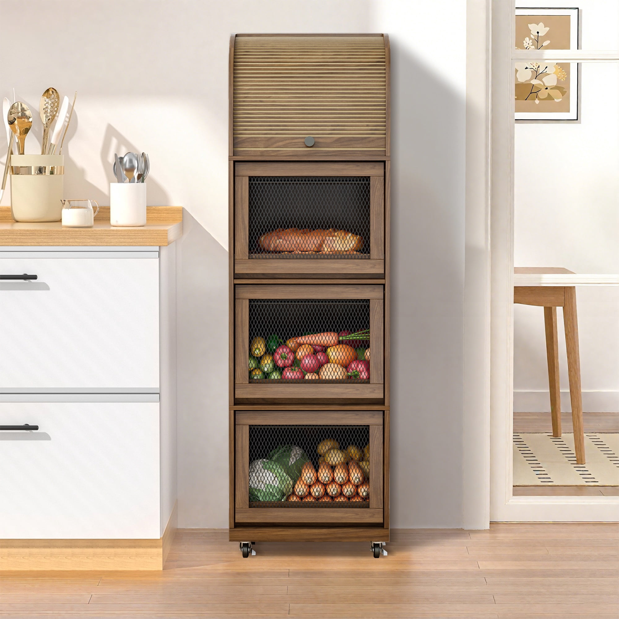 Onion and Potato Storage Bin Box, Movable Potato Bins with Sliding Door, Farmhouse Kitchen Pantry Cabinet
