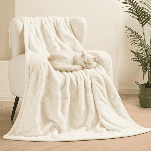 Naipo 50 in x 70 in Faux Rabbit Fur Blanket White Arctic Velvet Throw Blanket Unique Design Perfect for All Seasons and Ages (No Heating)