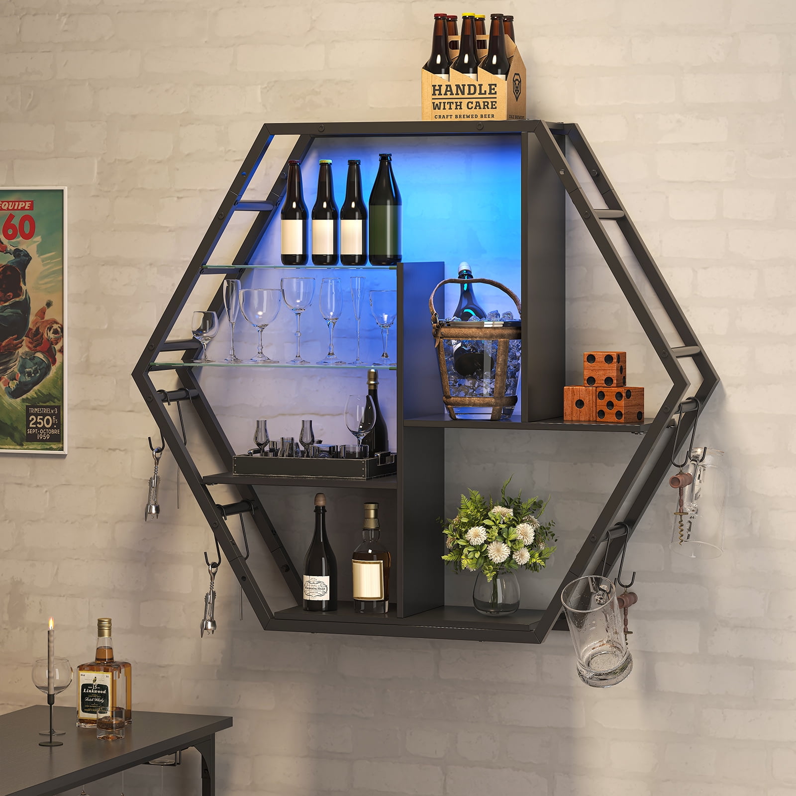Floating Shelves with Lights, Led Shelves for Wall, Gaming Room Decor Display Shelf, Lighted Bar Shelves, Extra Hanging Hooks Storage, Sturdy Fast Assembly Great Weight Capacity