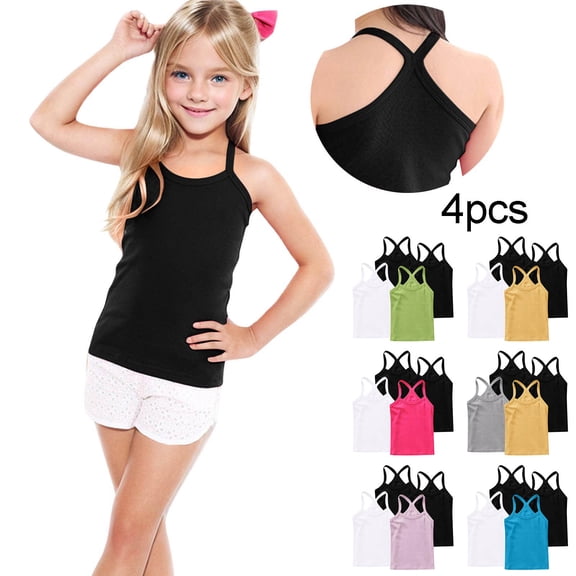 Eltusu Girls Cotton Tank Tops, Basic Sleeveless Y-Back 4 Pieces Summer Vest Shirts White Size 8 T