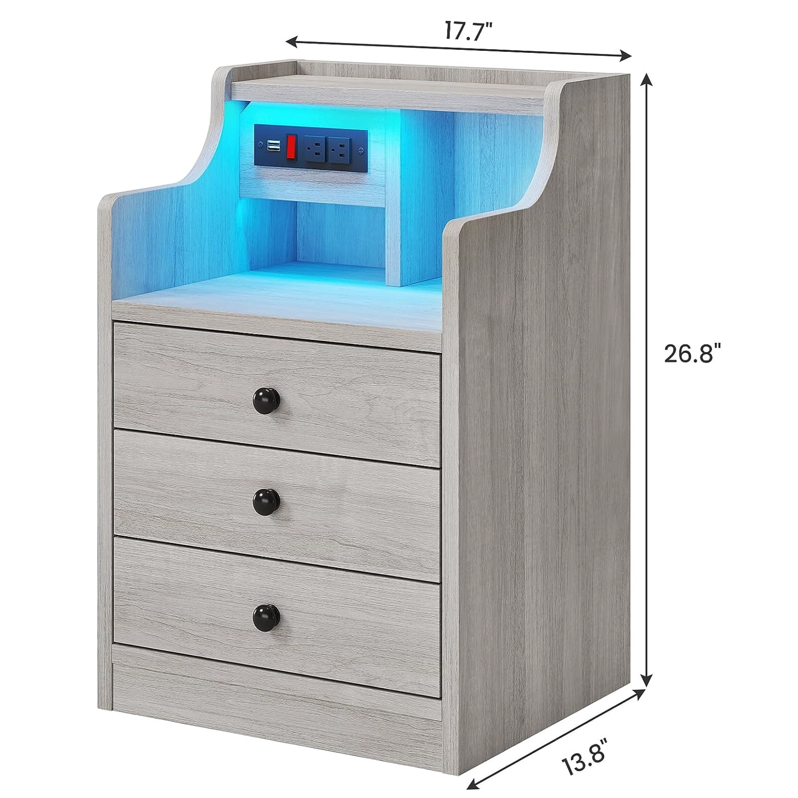 Night Stand with Charging Station and LED Ligts,LED Nightstand with 3 Drawers and Hutch,Bedside Table with Shelves,Grey