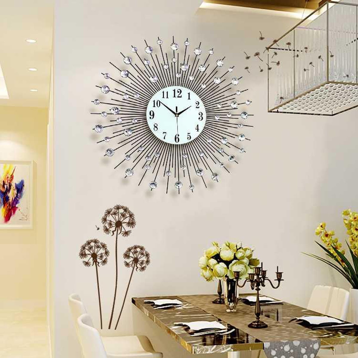 23.6inch Crystal Sunburst Metal Wall Clock Luminous Home Art Decor Silver Mirror Modern Style ...