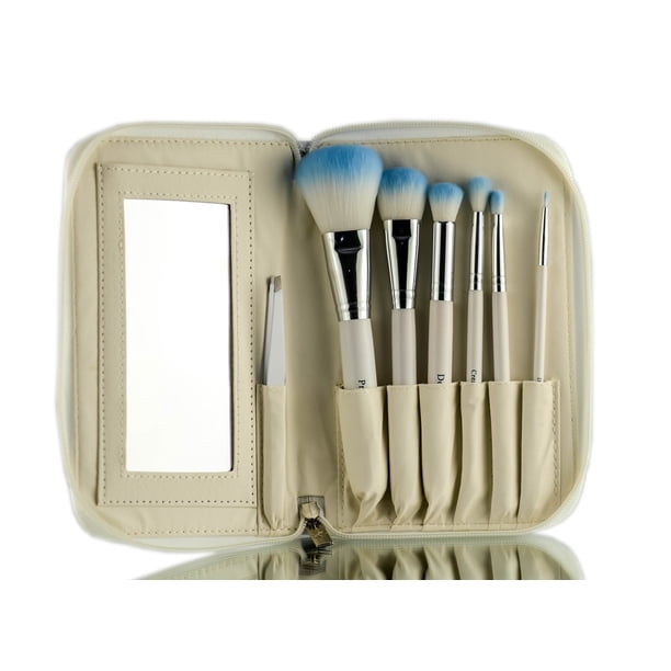 Juego de brochas de maquillaje Crown Brush White, 7 piezas HD con espejo y pinzas