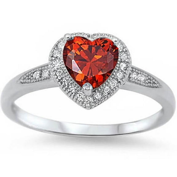 All in Stock Sterling Silver Simulated Garnet Cubic Zirconia Heart Halo Ring Size 4