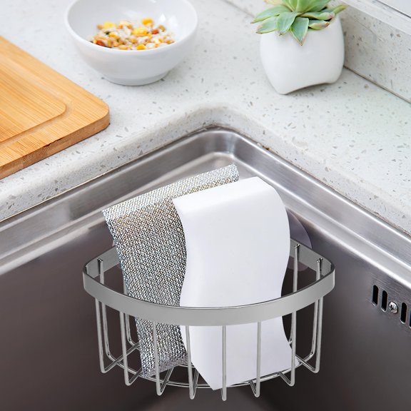 Beaupretty Stainless Steel Suction Cup Sponge Holder Plated Silver for Kitchen Use