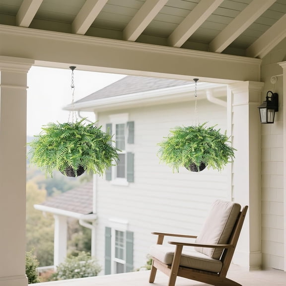 Artificial Ferns Plants with Hanging Basket-2 Set for Outdoor Decoration,Fake  Fern Hanging Planters Faux Greenery  for Front Porch  Garden Farmhouse Home Decor (Green)