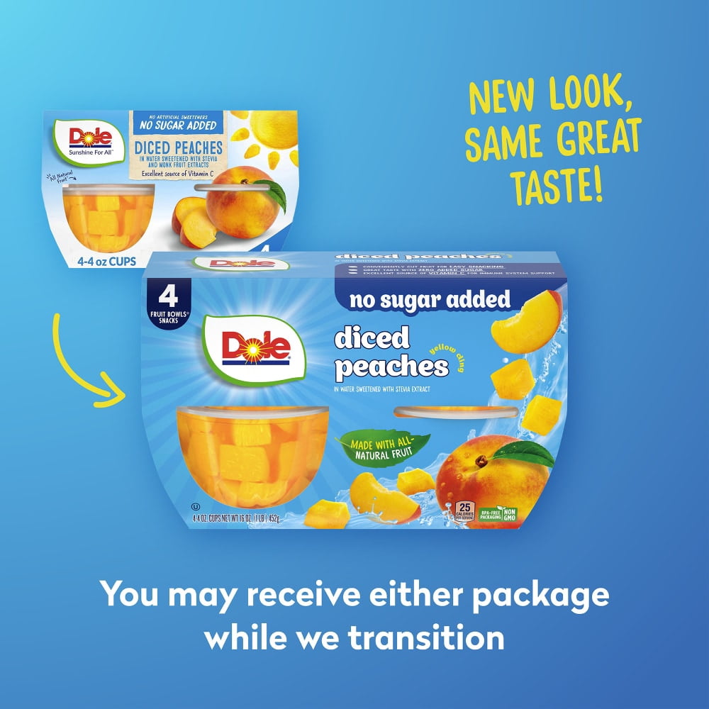 Dole Fruit Bowls Diced Peaches with No Sugar Added Cups 4 ct / 4 oz - 3 Pack