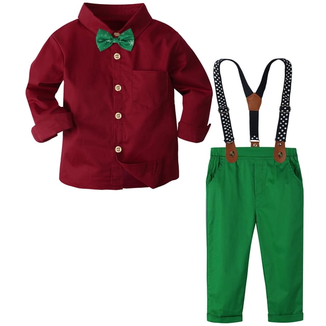 Conjuntos de Navidad para bebés, conjuntos de ropa Formal para niños, traje rojo verde a cuadros, conjunto de pantalones con tirantes para niños pequeños