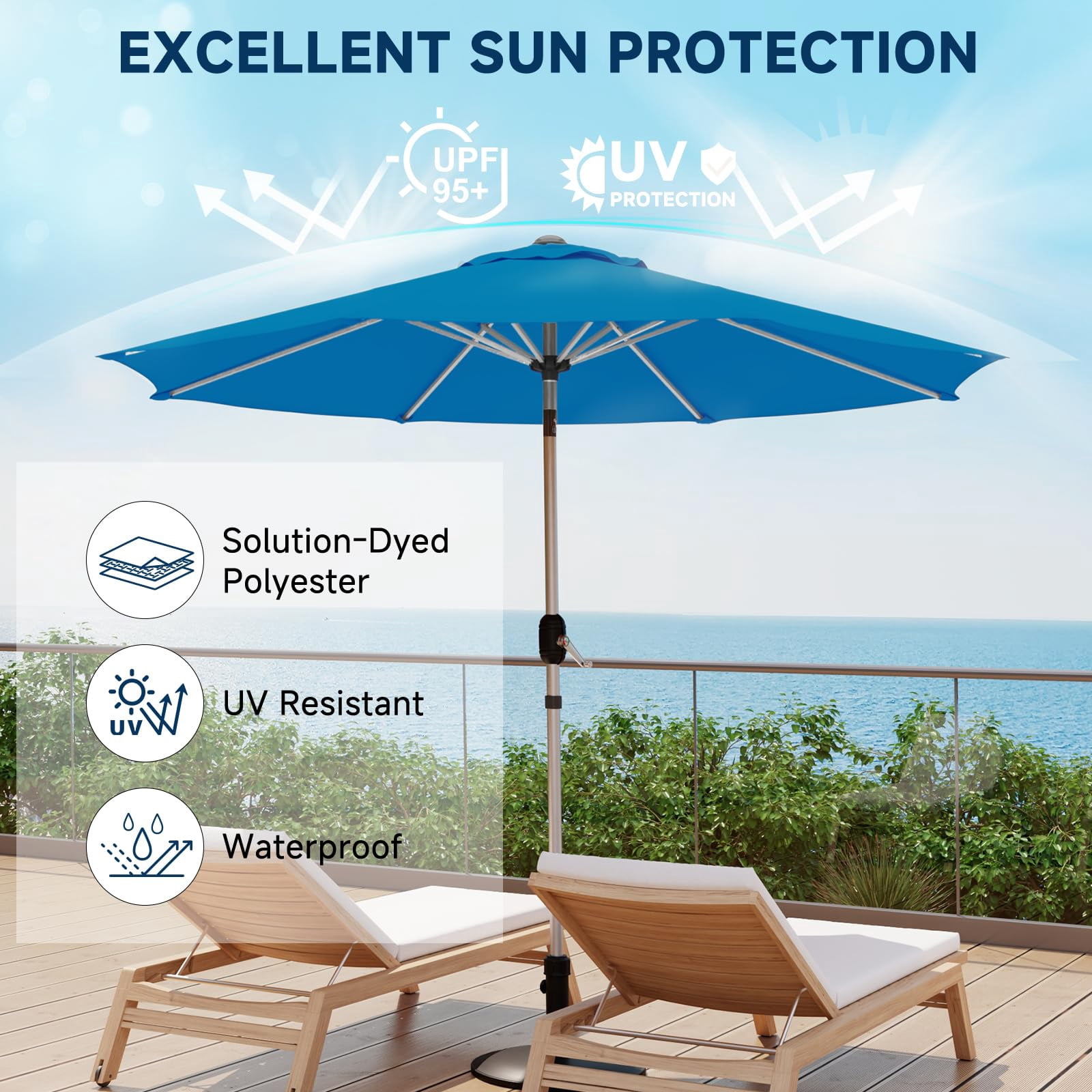 10FT Aluminum Outdoor Patio Umbrella, Fade-Resistant Market Umbrella with Push Button Tilt Function, 8 Sturdy All-Aluminum Ribs for Gardens, Patios, Backyards & Pools (Royal Blue)