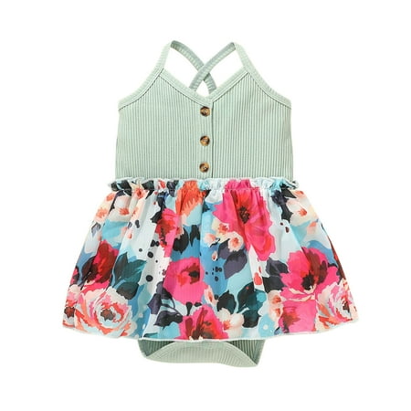 

Baby Girls Sleeveless Floral Printed Suspenders Romper Bodysuit Clothes For 12-18 Months