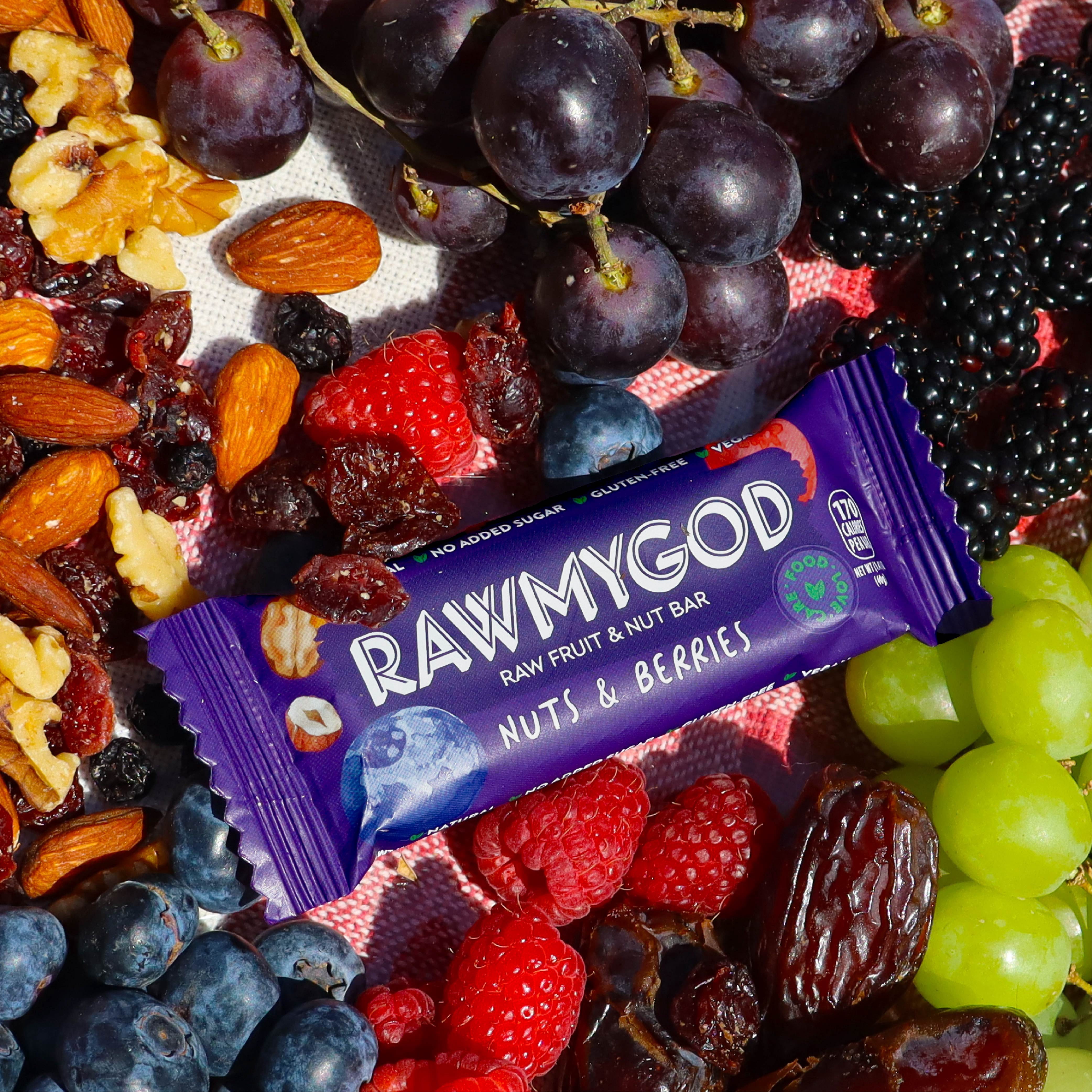 RAWMYGOD Raw Fruit and Nut Bar Nuts & Berries, Gluten Free, Vegan, No Added Sugar, 16 pack, 170 Calories per Bar