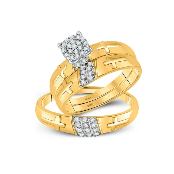 10kt Yellow Gold His Hers Round Diamond Cross Matching Wedding Set 1/4 Cttw