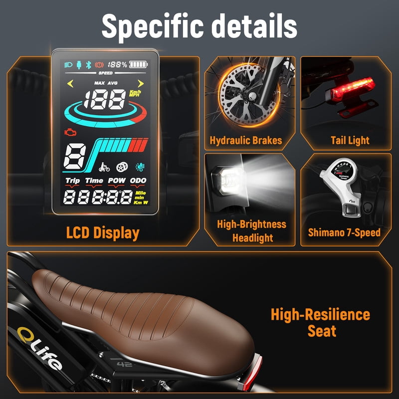 Plus Electric Bike for Adults, 1500W Peak 28 MPH 20" Fat Tires Electric Bicycle with Dual Suspension & Brakes Motorcycle, E-Bike Black & Brown