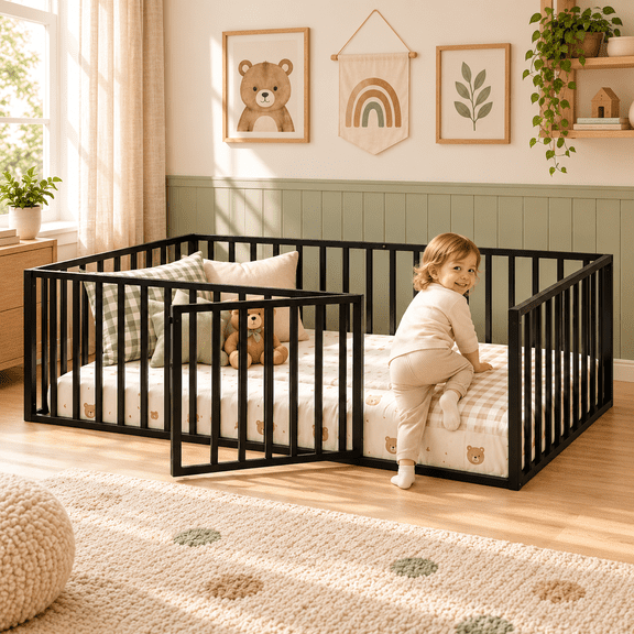 Twin Size Montessori Floor Bed for Kids,Metal Toddler Floor Bed Frame with Safety Guardrails, Fence and Swing Door, No Box Spring Needed, Black