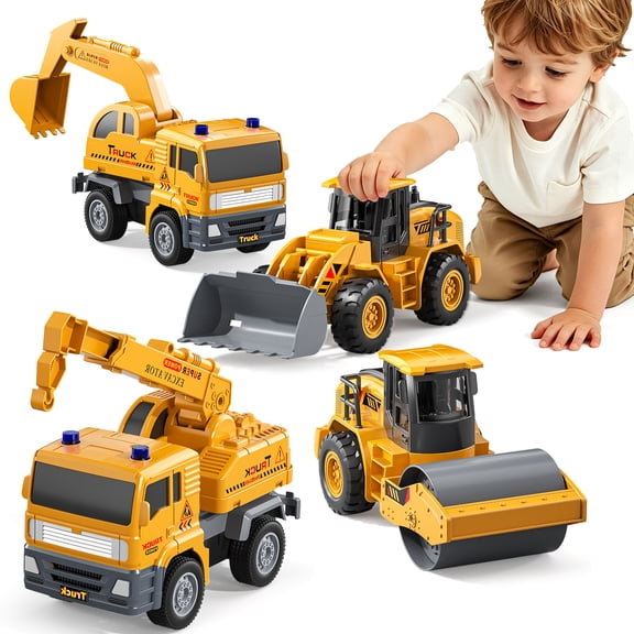Lucky Doug ConstructionTruck Toy, 4 in 1 Construction Vehicle Toys - Excavators, Cranes, Bulldozer, Road Roller, Truck Toy for 3-6 Years Old Boy