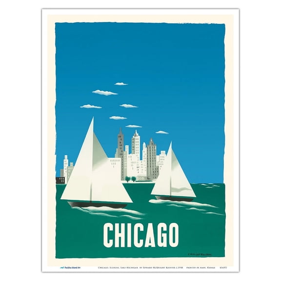 Chicago Illinois - The Windy City - Vintage Airline Travel Poster by Edward McKnight Kauffer c.1948 - Master Art Print (Unframed) 9in x 12in