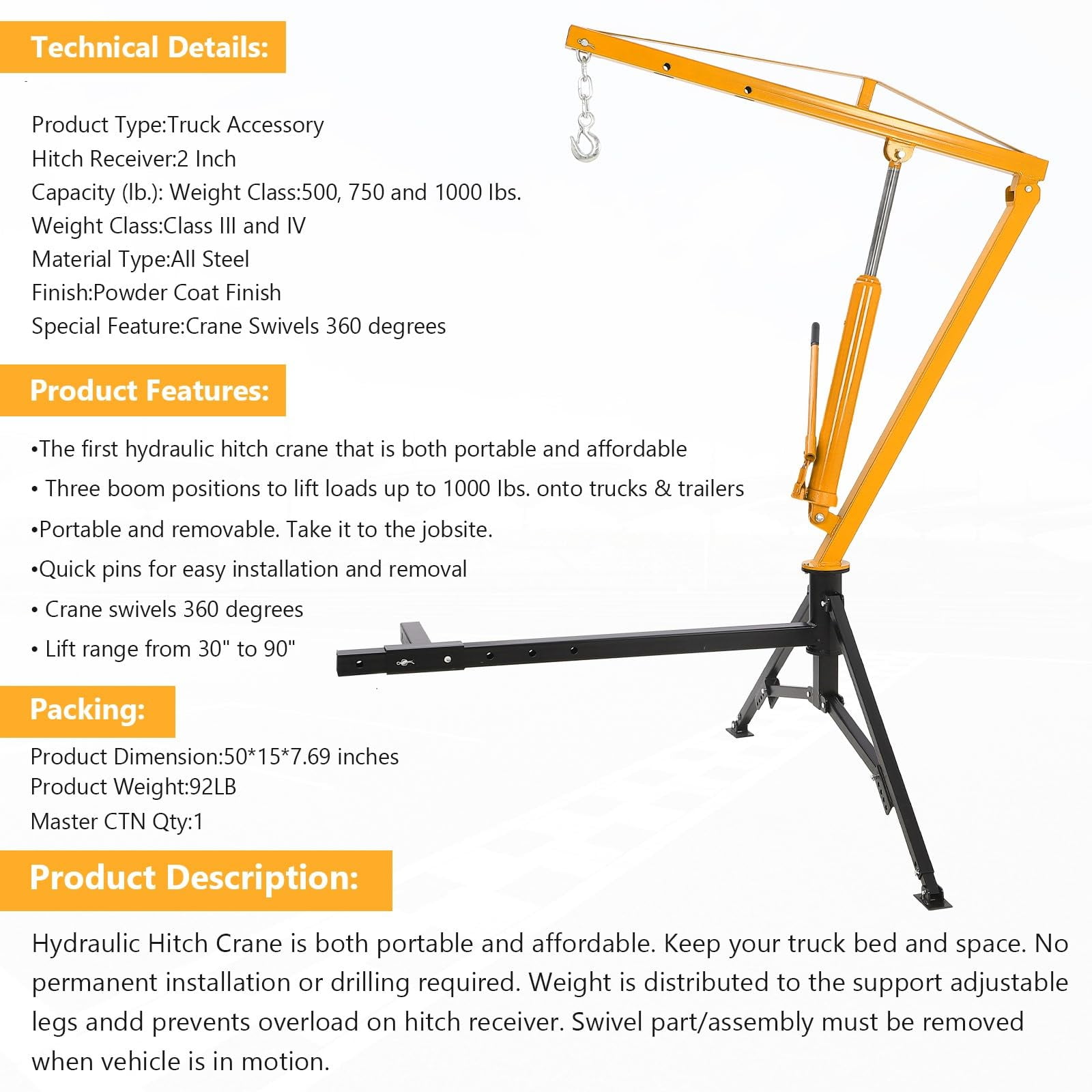 Huisuilinss Hydraulic Pickup Truck Crane,Hydraulic Hitch-Mount Truck Crane,1000 Lbs Capacity, 360°Swivel, Hitch Mounted Crane with 3 Adjustable Capacities of 500 Lbs, 750 Lbs and 1000 Lbs