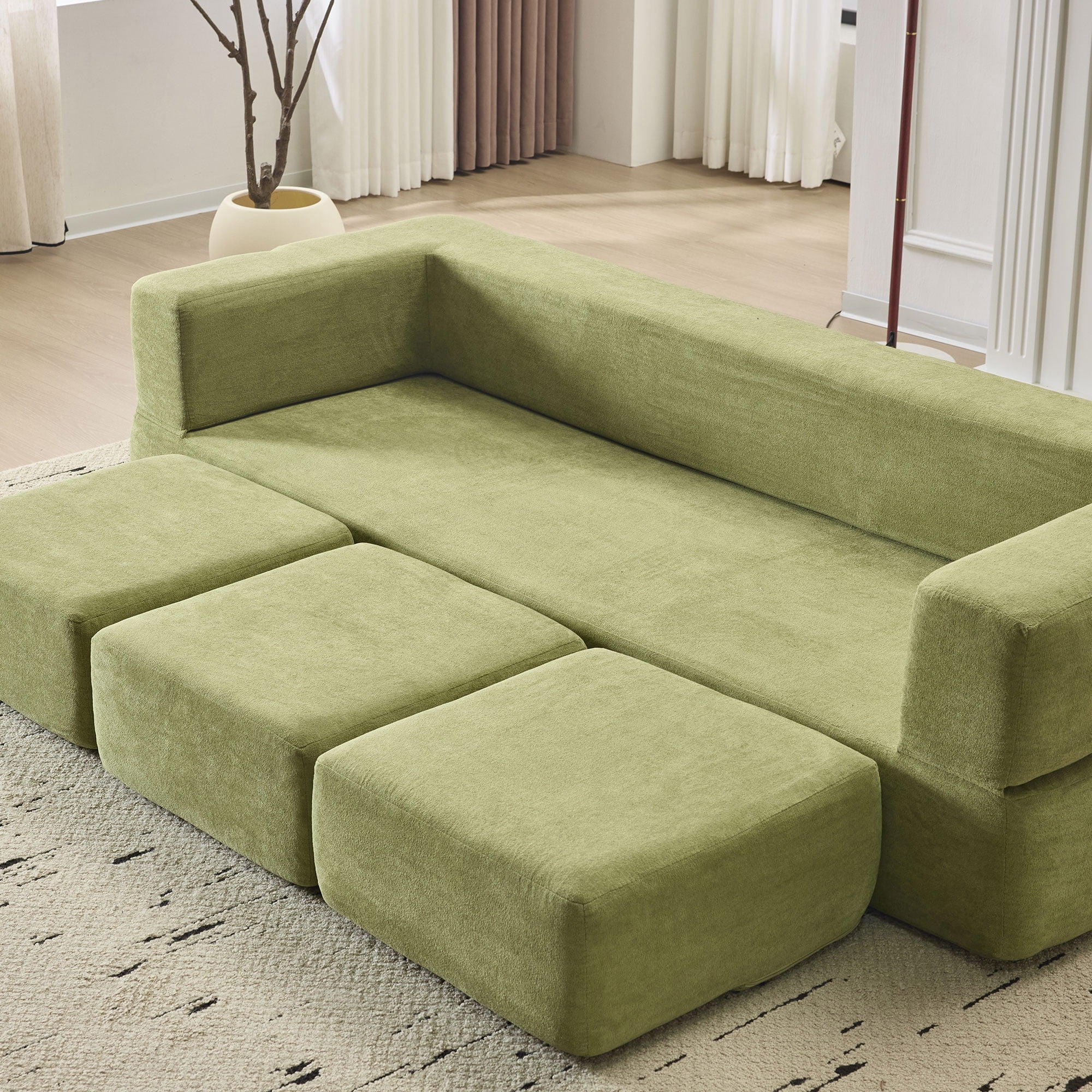 Modular Sofa Bed with 3 Detachable Ottoman Pieces, Convertible L-Shaped Sectional and Chaise Lounge for Small Apartments and Studios, Green