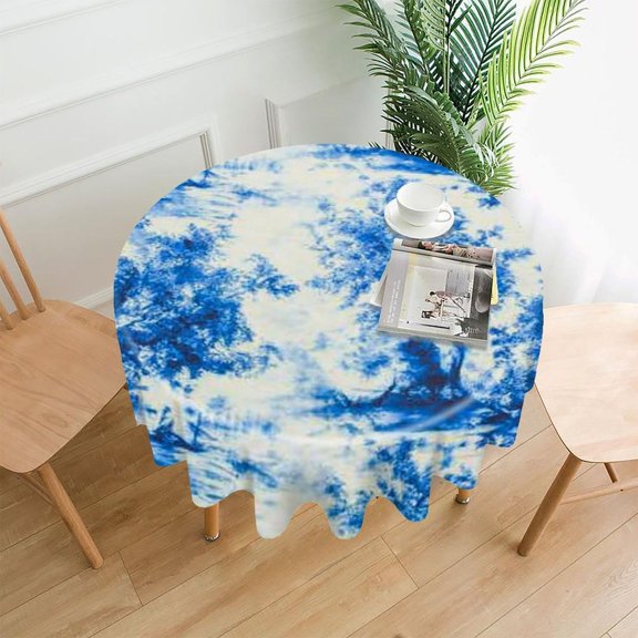 RKSupls 60 Inch Round Tablecloth, Blue White Landscape Premium Polyester Straight Edge Wrinkle Resistant Washable Table Cover for Party Home Dining Decor
