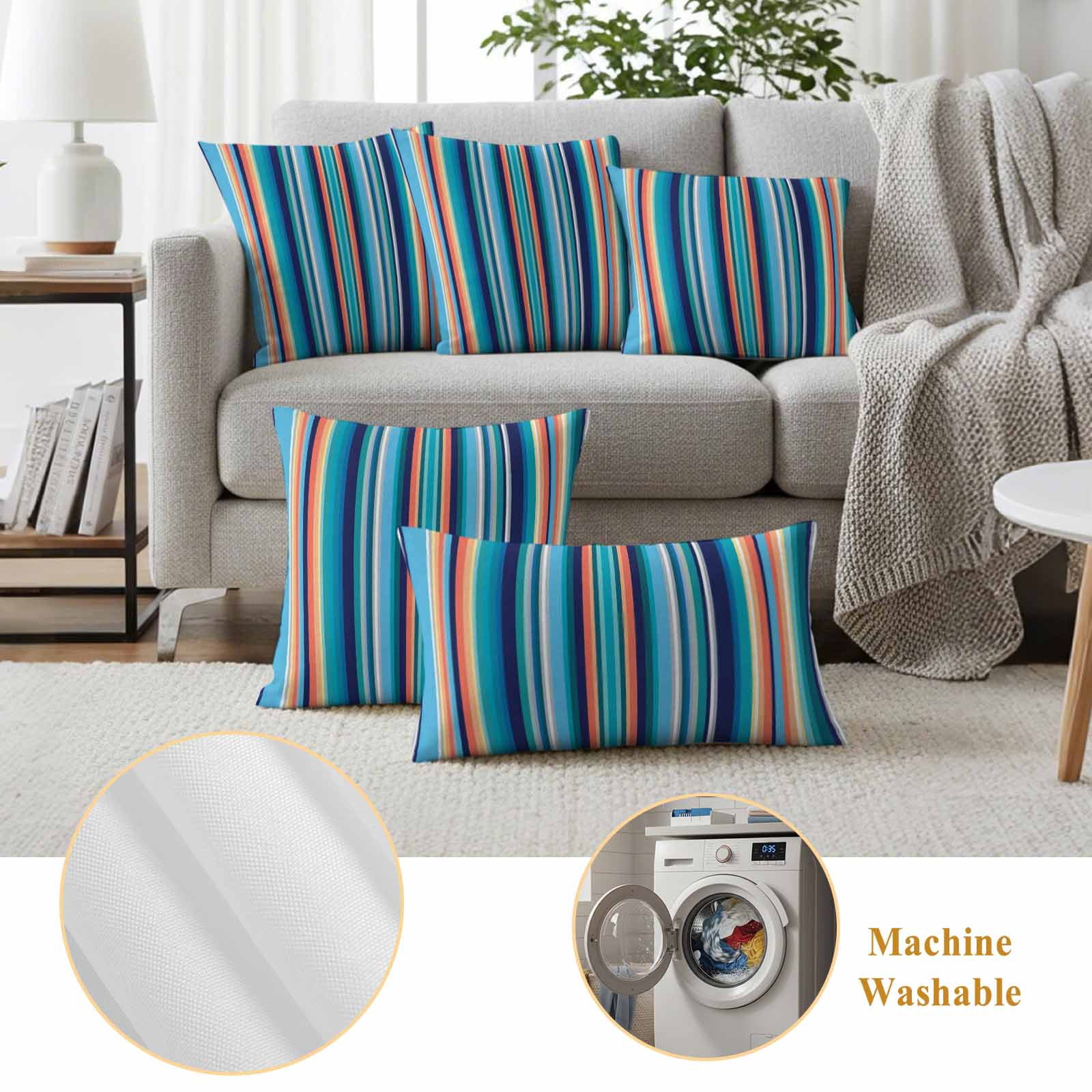 Mexican Style Outdoor Waterproof Throw Pillow Covers 18x18 Set of 2, Colorful Mexico Stripes Light Blue Decorative Pillowcases Cushion Pillowcase for Couch Sofa Patio Outside Pillow Protector