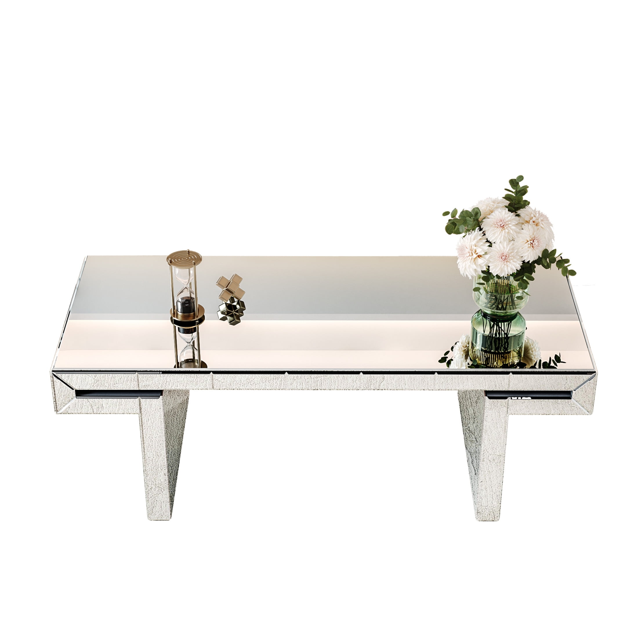 Noble House Luxury Rectangular Mirror Coffee Table with Fluted Tempered Glass, Modern Sofa Side Table, Light Luxury Style, Reinforced Packaging, Silver