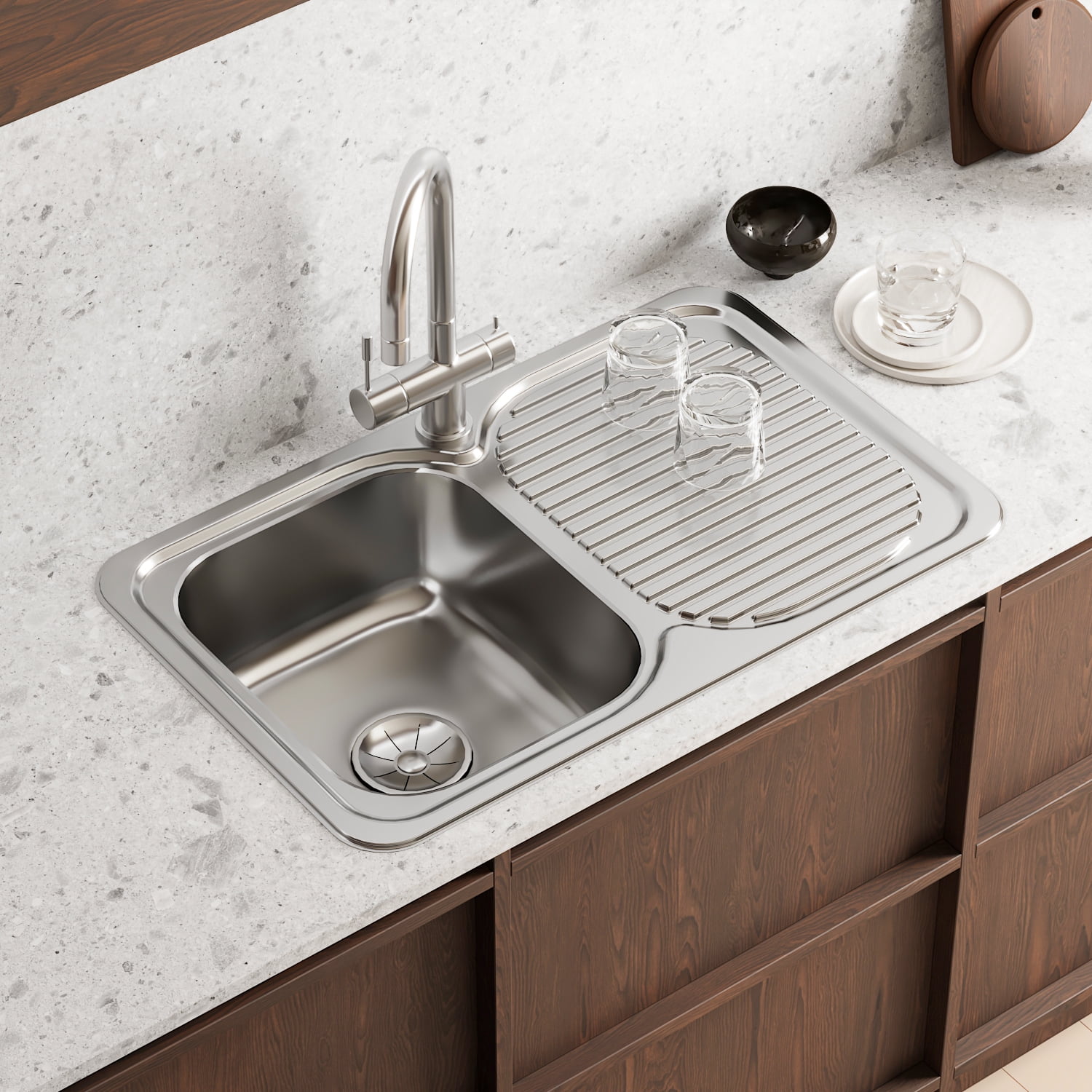 Naiture Drop-In Kitchen Sink, Rectangular Single Bowl Top Mount Sink, 21-Gauge 304 Stainless Steel, 32"L with Right Drainboard and Single Faucet Hole