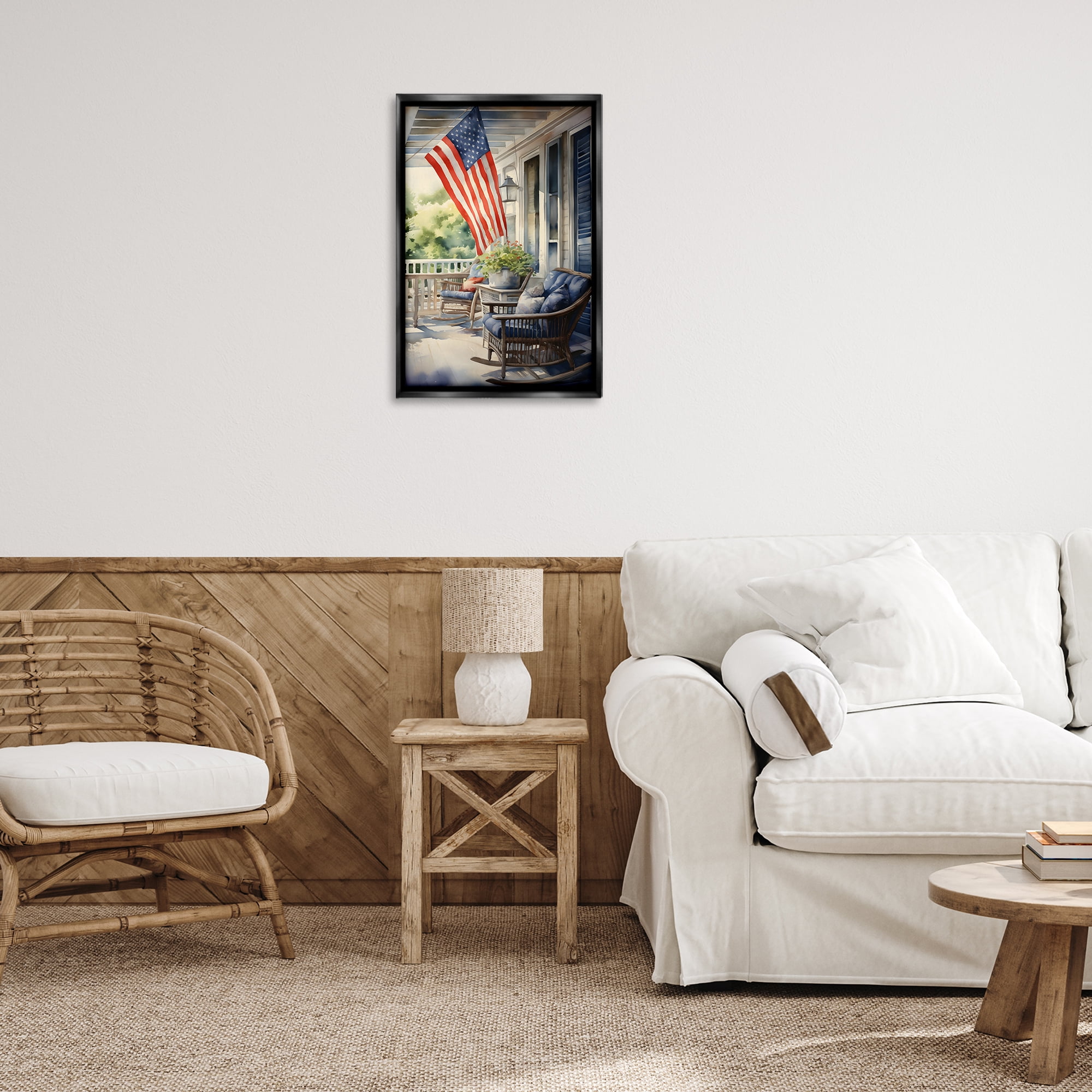 Stupell Industries Porch with American Flag Scenery Painting Black Floater Framed Canvas Art Print Wall Art, 17 x 25