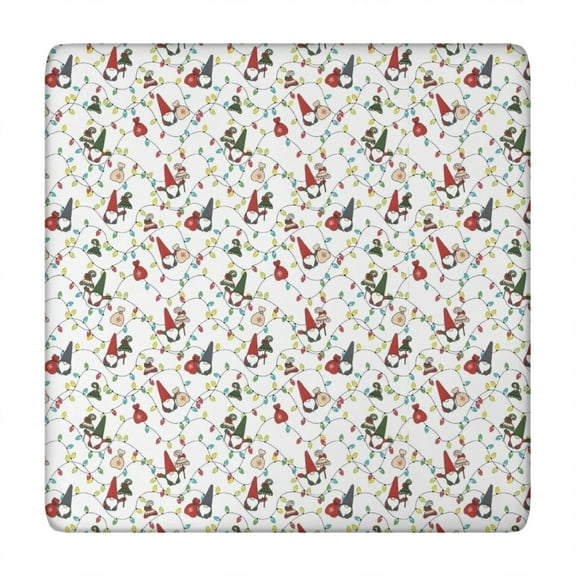 White Christmas Gnome and Light Pattern Square Fitted Tablecloth with Elastic Edge,Square Table Cover,Washable Elastic Table Cover for Home Kitchen Party Decor 34"x34"