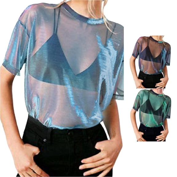 XIAOCHA Gradient Mesh T Shirt For Women Crew Neck Short Sleeve Sheer Cover Up Casual Tee