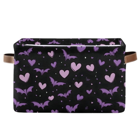 Storage Bins with Handle Fabric Organizer Basket Foldable Box 1 Pack Purple Hearts and Bats 14.2x10.2x8.3