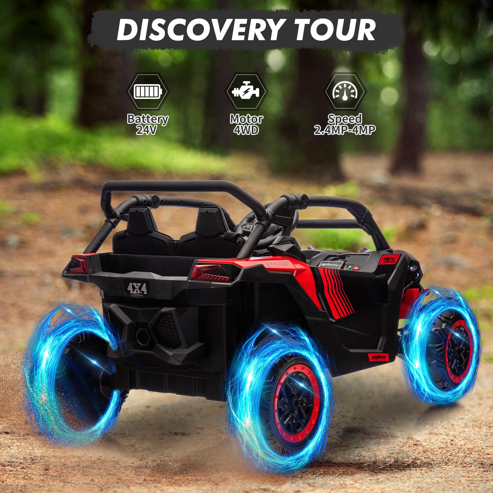 Luku 24V 2-Seater 4WD Kids Ride-On UTV, Parent Remote Control, 4 Shock Absorbers, LED Lights, Music, 3-Speed, Off-Road Electric Truck for Ages 3+
