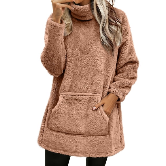 Fleece Sweatshirts for Women Mock Turtleneck Fall Winter Warm Sweater Plus Size Tunic Pullover Tops with Pockets, Coffee 2XL