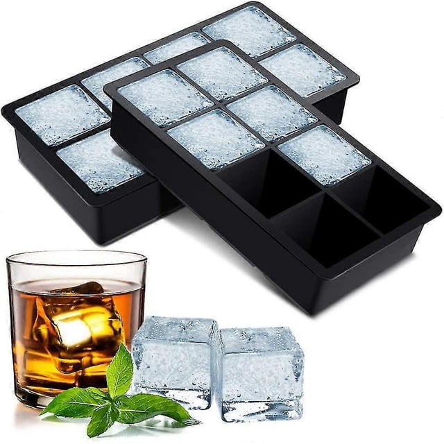 Ice Cube Trays, 2 Pack Food Grade Silicone Ice Cube Tray 2 Inch Square Ice Cube Mould for Whiskey, Cocktails & Wine (Black-2pcs)