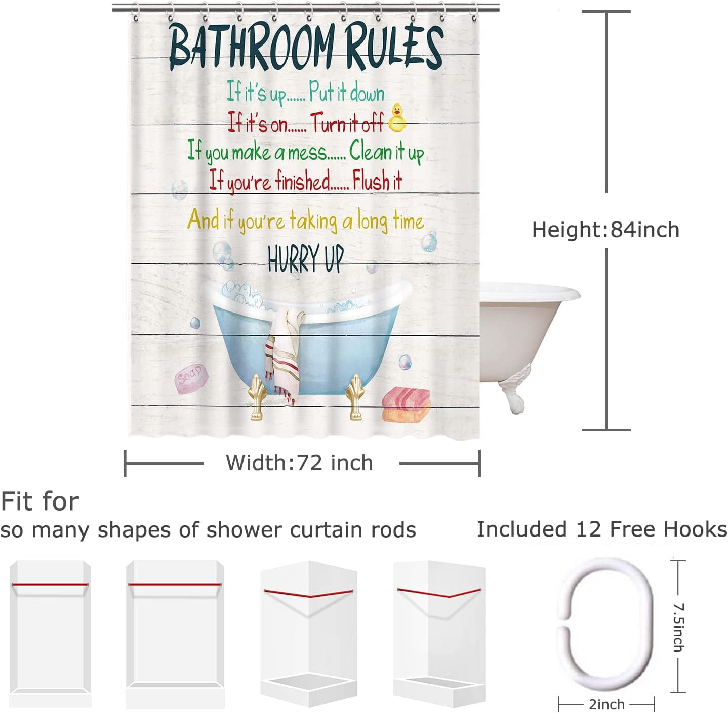 Kids Shower Curtain, Girls Shower Curtain, Boys Shower Curtain, Funny Words Teen Motivational Shower Curtains, 72W x 72H inch Extra Long Wide Shower Curtain with Hooks Kids Bathroom Decor