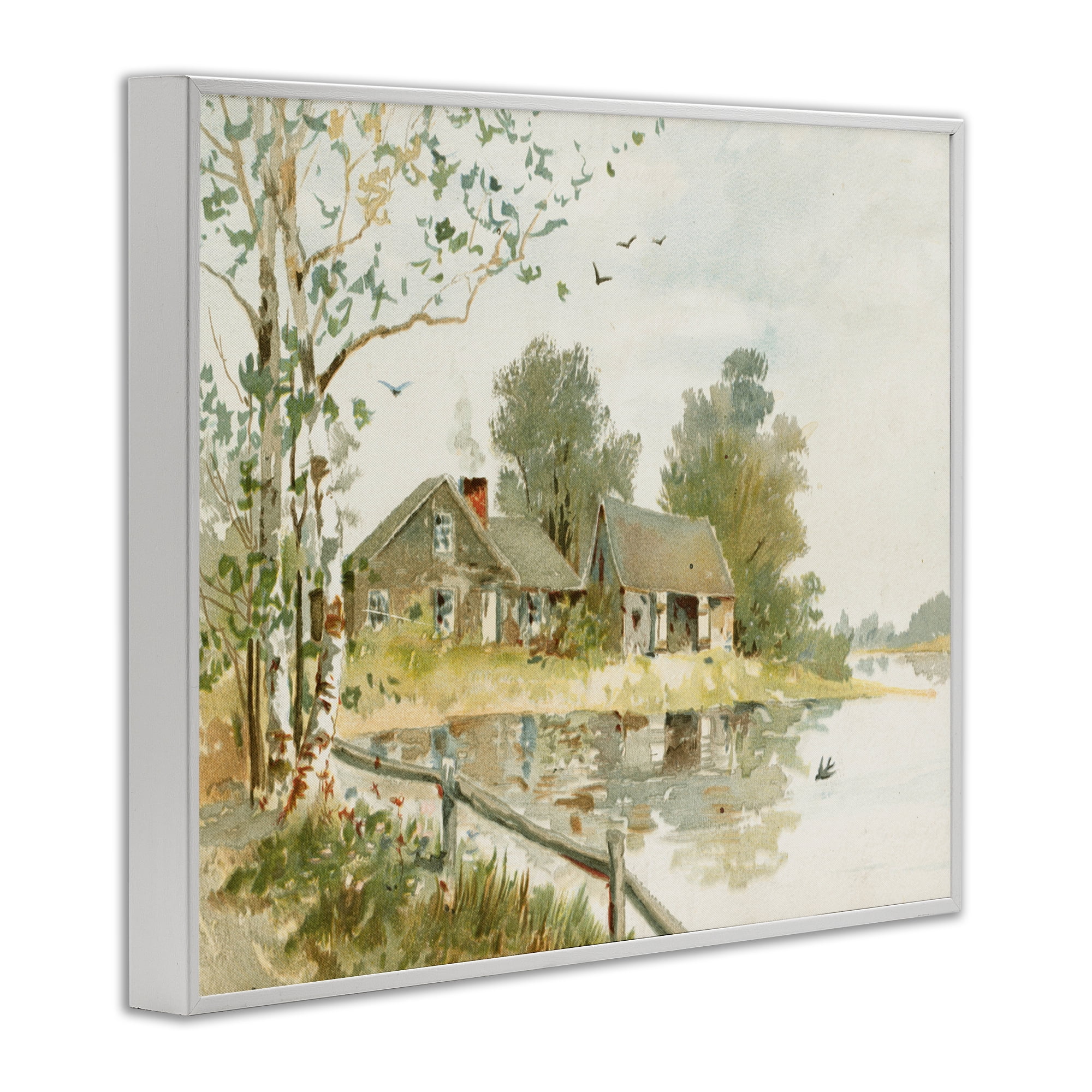 Cabin Along River's Edge White Framed Giclee Art, design by Lettered and Lined
