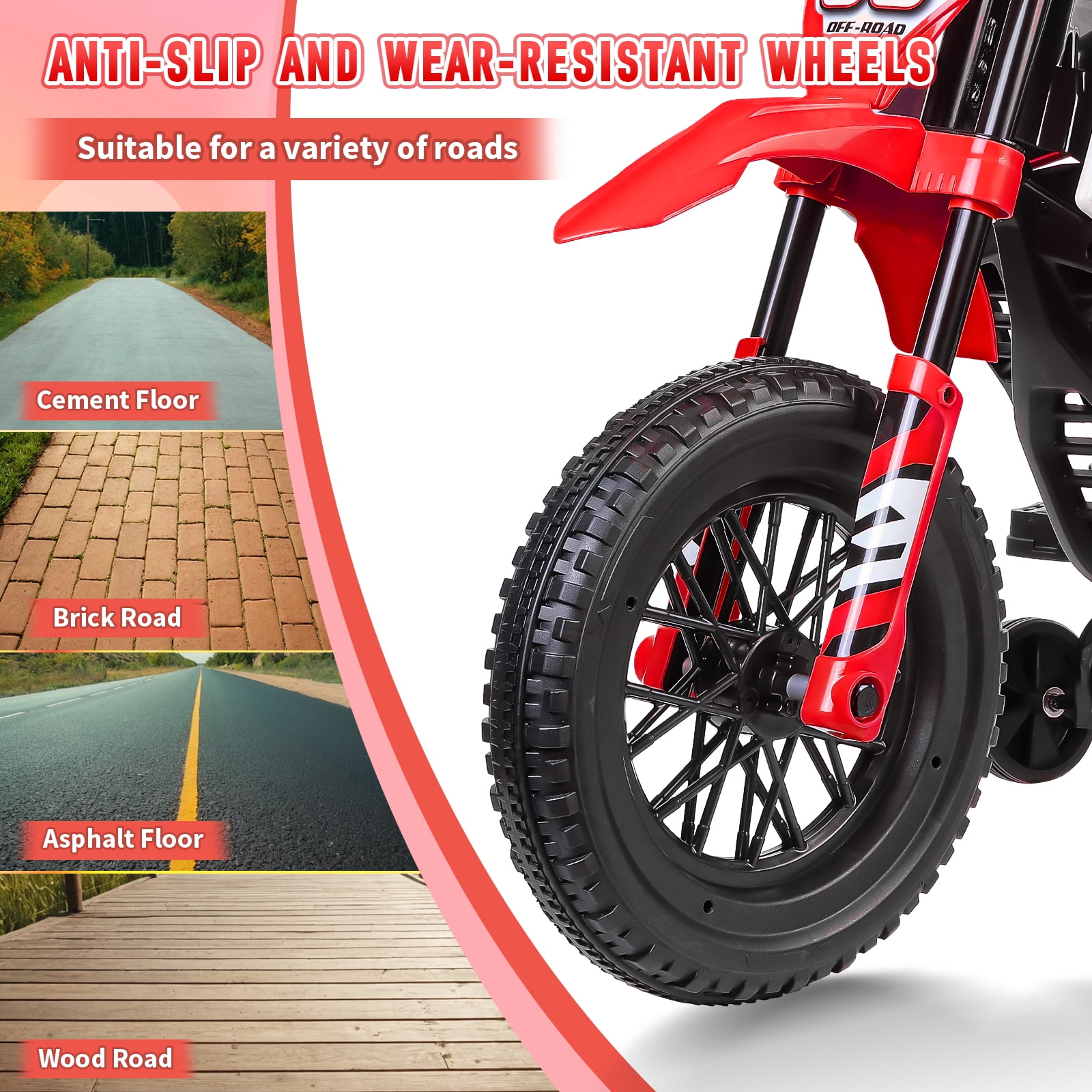 Farmdex 12V Ride on Motorcycle for Kids, Electric Dirt Bike with 2 Training Wheels, Electric Motorcycle with Twist Grip Throttle, Built-in Music, 30W*2 Motors, Red