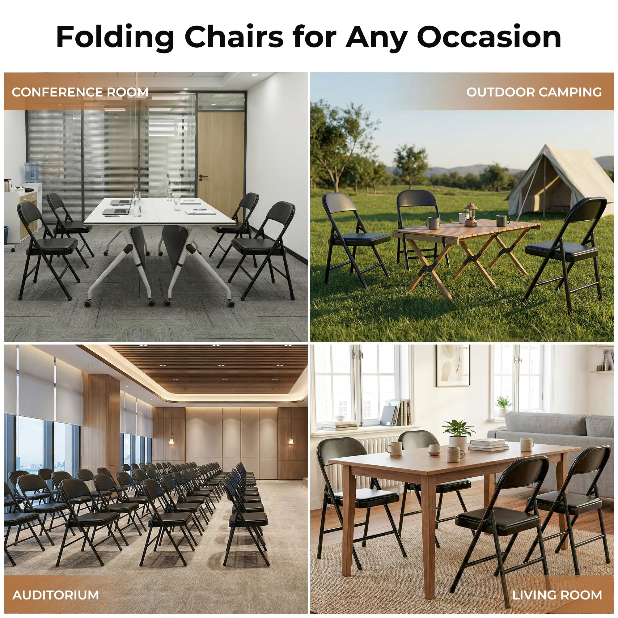 Furnibear Cushioned Faux Leather Folding Chairs 2 Pack padded metal event chairs and portable folding chairs for home office and parties foldable set, Black