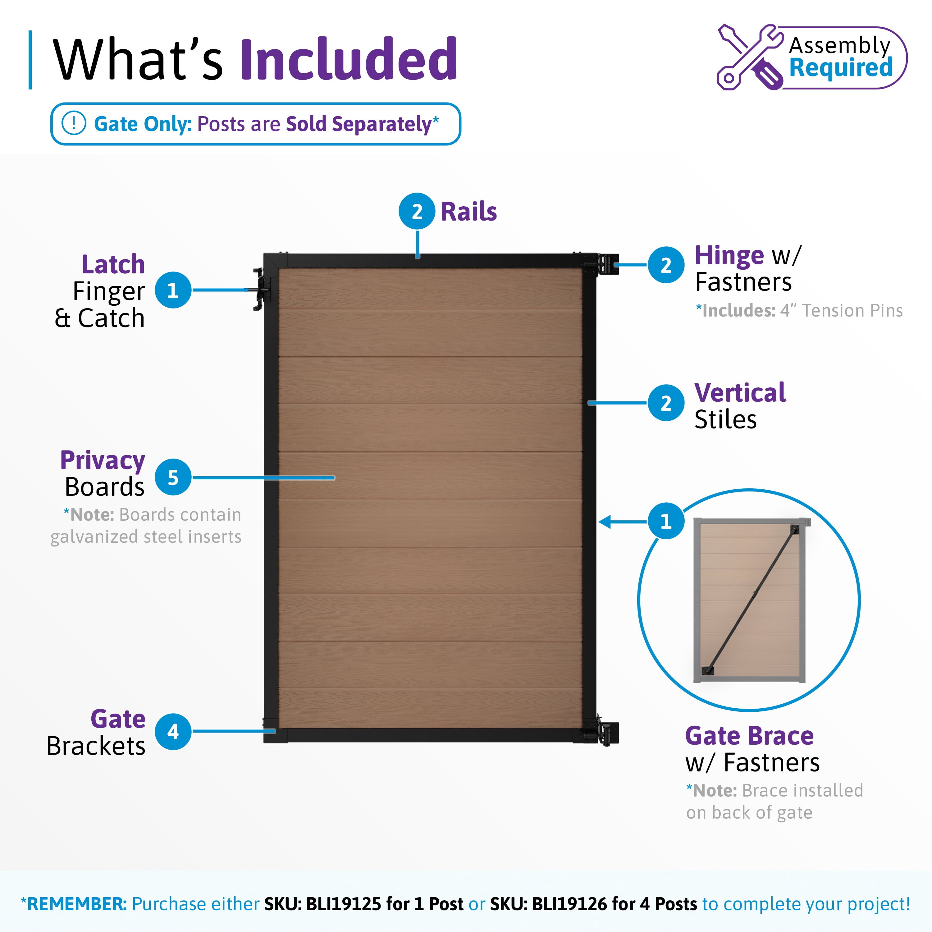 6ft H x 4ft W WamBam Privacy Fence Gate, Composite Fence Gate Kit with Aluminum Frame, Woodgrain Boards, No-Dig Install, UV Resistant Outdoor Gate for Backyard Patio or Pool, Walnut Brown BL19116