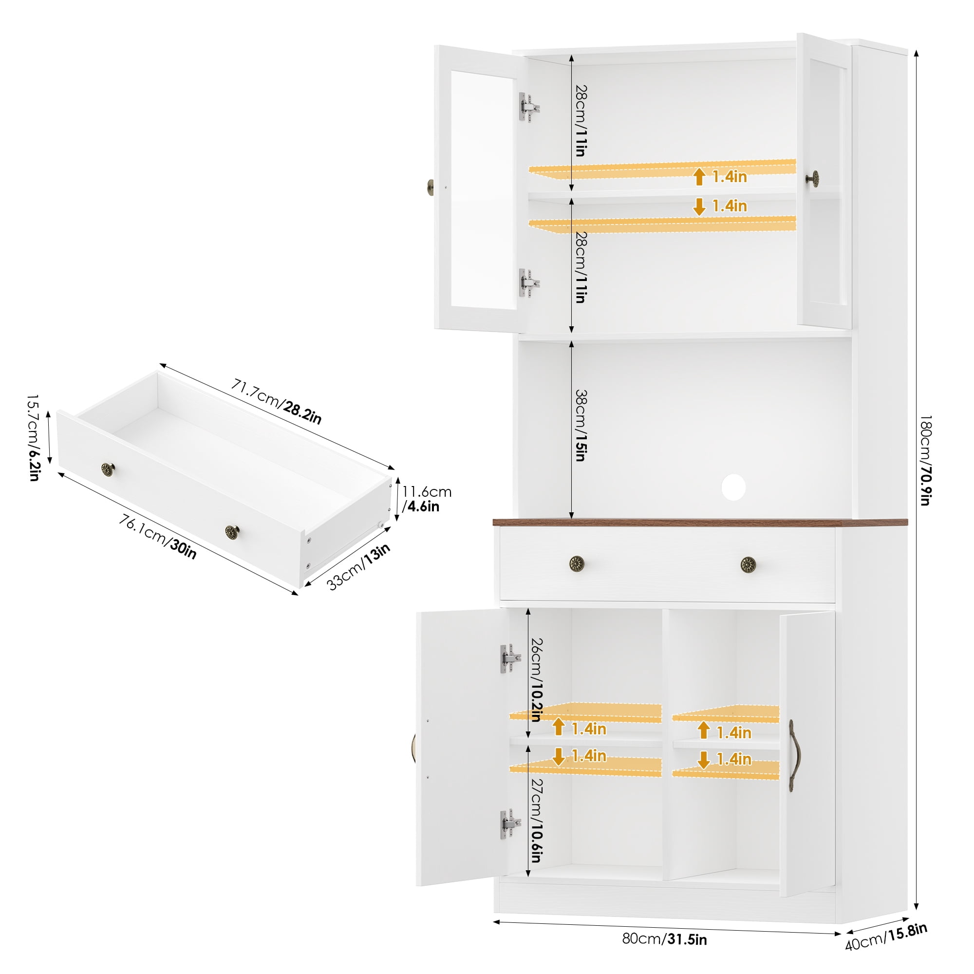 Homfa 71'' Kitchen Pantry Cabinet with Microwave Shelf & Drawer, 4 Doors Pantry Storage Cabinet with Adjustable Shelves for Dining Room, White