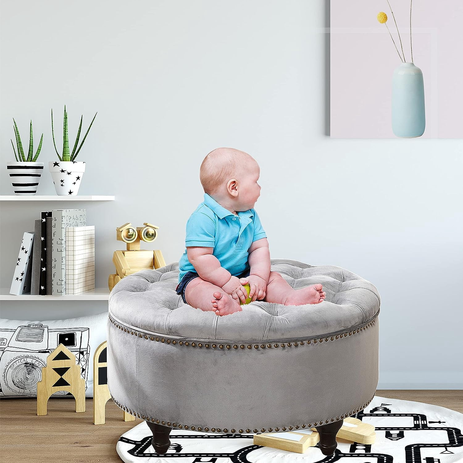 Nathaniel Home, 30" Round Storage Ottoman Footstool with Removable Lid, Button Tufted Ottoman Coffee Table with Legs, Large Ottoman with Storage for Bedroom, Gray