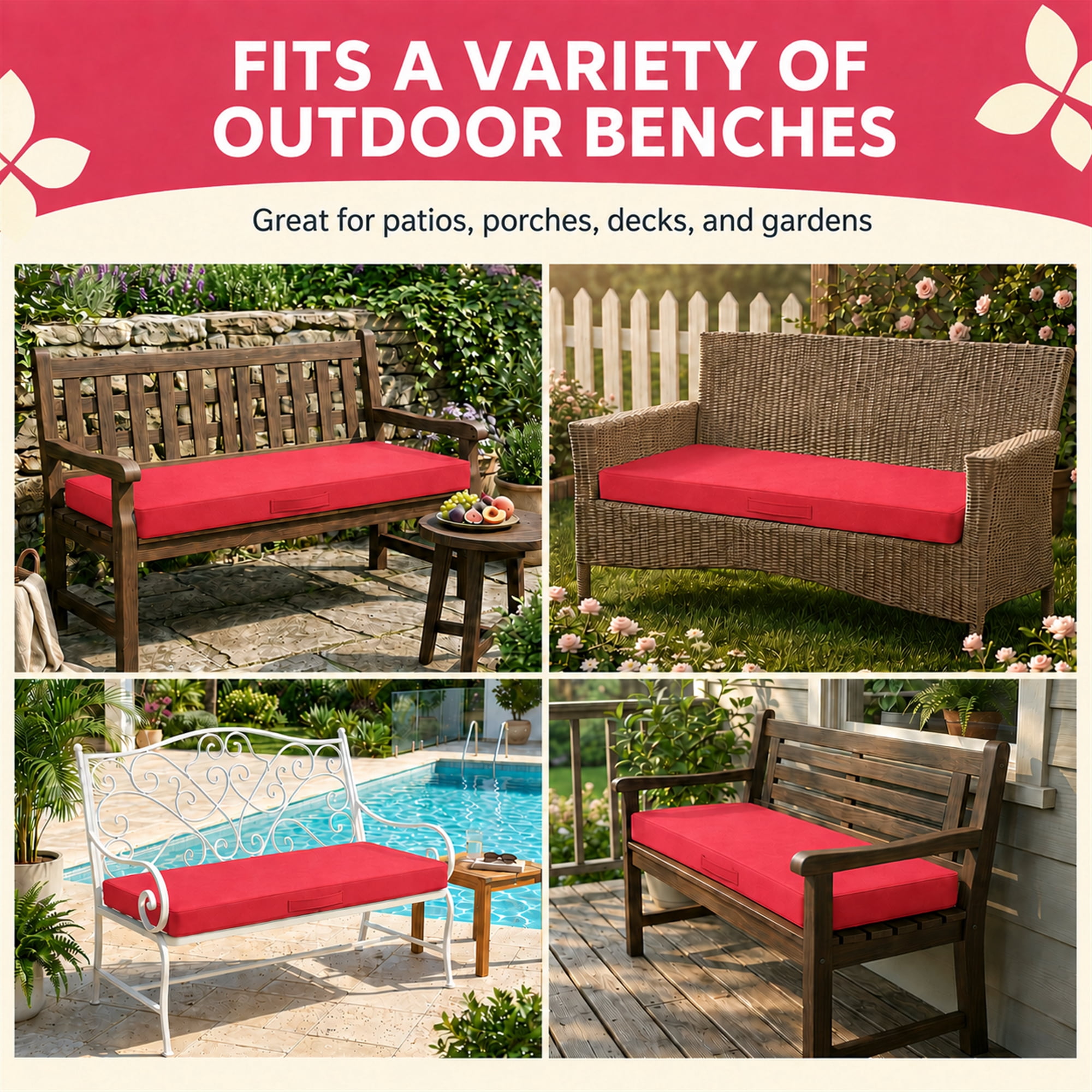 Millsilo 42" x 18" x 3" Outdoor Bench Cushion with Removable Cover, Water-Repellent UV Fade-Resistant Patio Cushion, High-Density Foam, Non-Slip Ties, Red