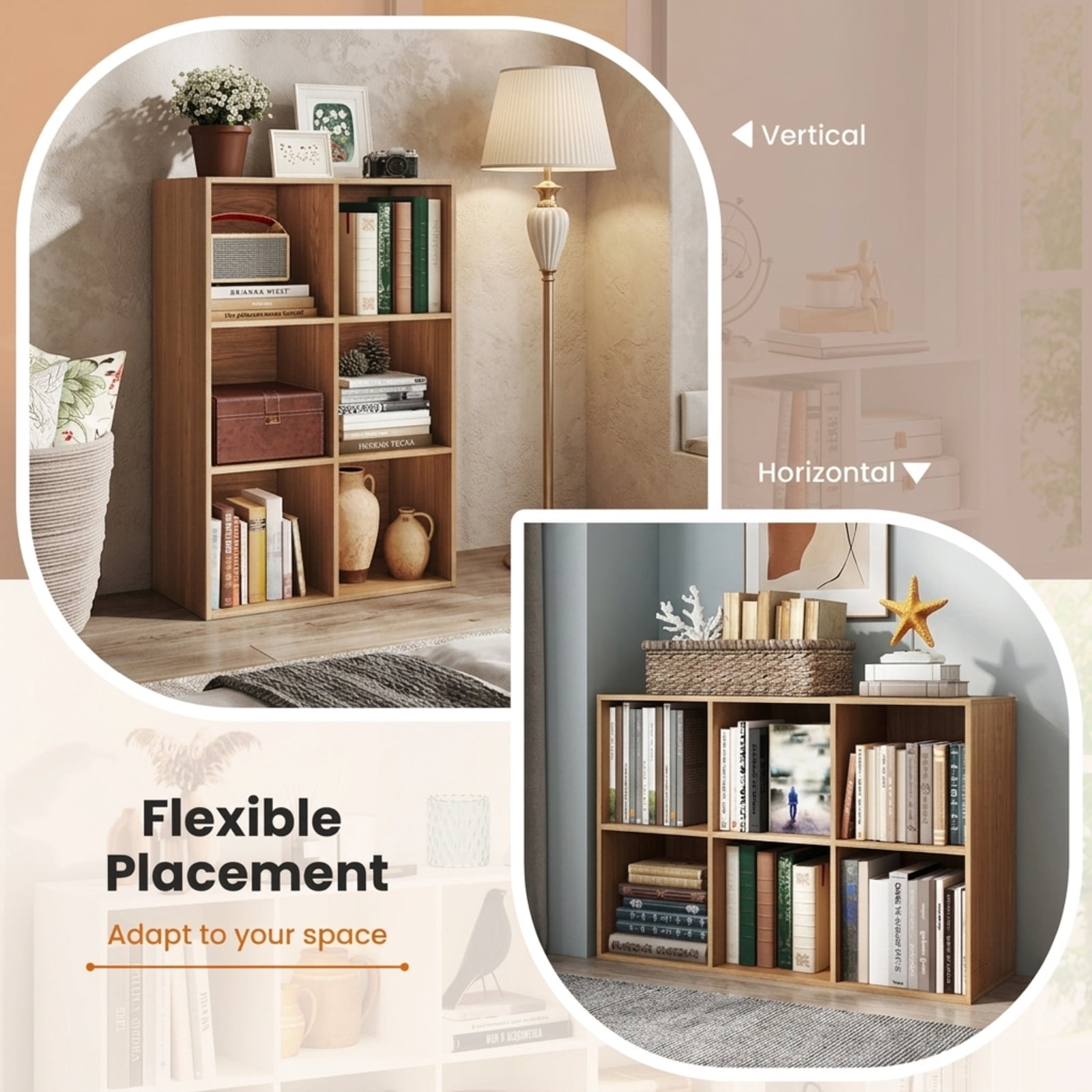 Furnibear Modern 6-Cube Bookcase Freestanding Wood Storage Bookshelf with Anti-Tipping Kits for Bedroom Living Room and Study, Natural