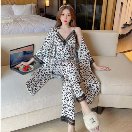 

PIKADINGNIS 3 Piece Set Spring Autumn Sexy Satin Pajamas Set Lace Leopard Silk Women SleepSet Deep Robe Sexy Homewear Women Pajama Trousers