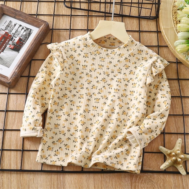 Honeeladyy - Camisas de manga larga con volantes para niñas pequeñas, blusas de cuello redondo en colores lisos, elegantes e informales, para otoño e invierno, para fiesta de cumpleaños (beige, 9-10